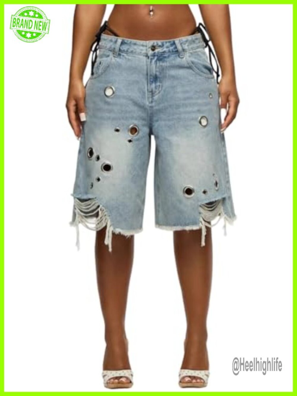 High Waisted Distressed Denim Bermuda Shorts with Pockets